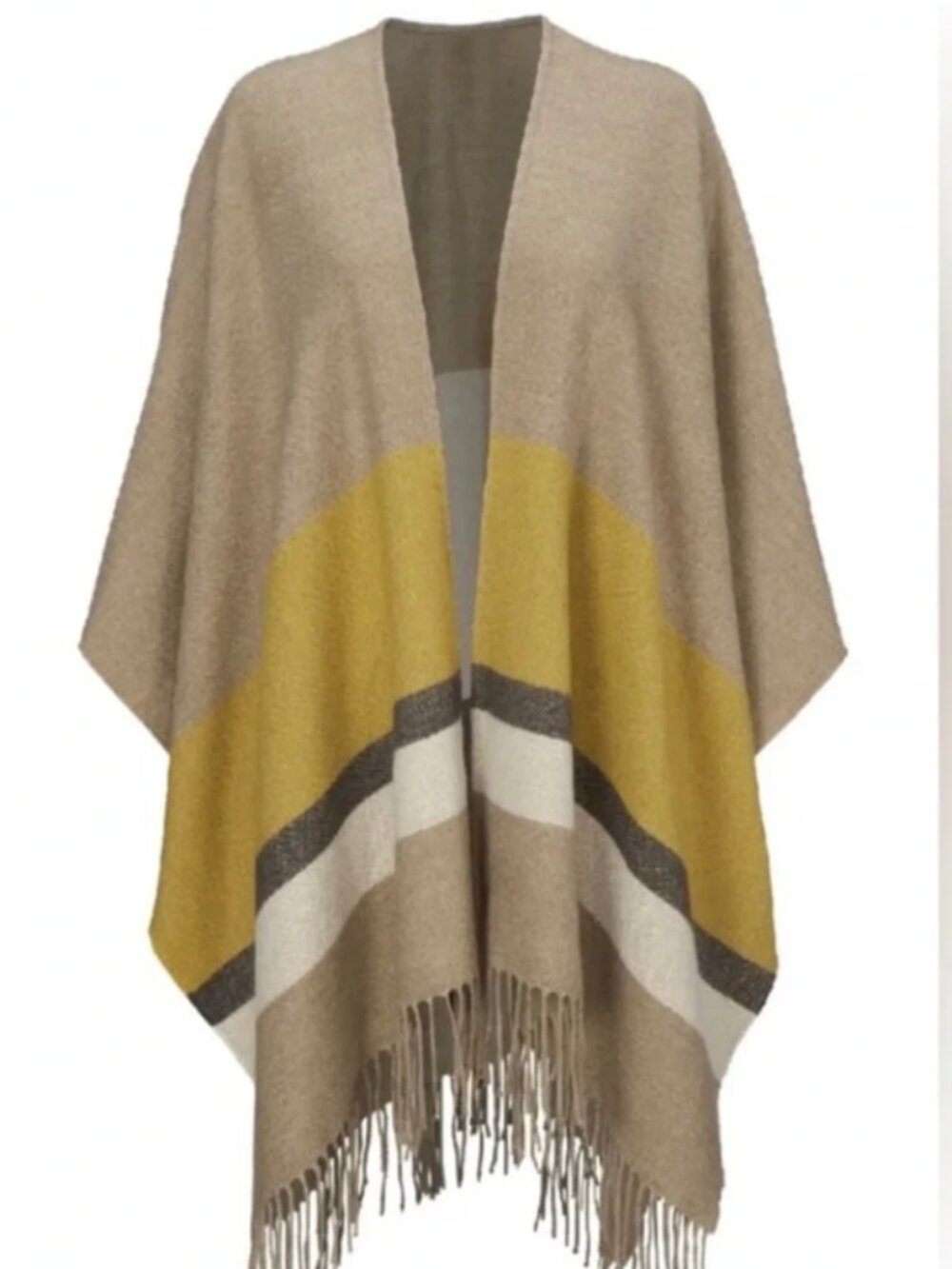 Cabi Travel Cape #4293 Gold Tan Gray Stripe Fringe XS/S